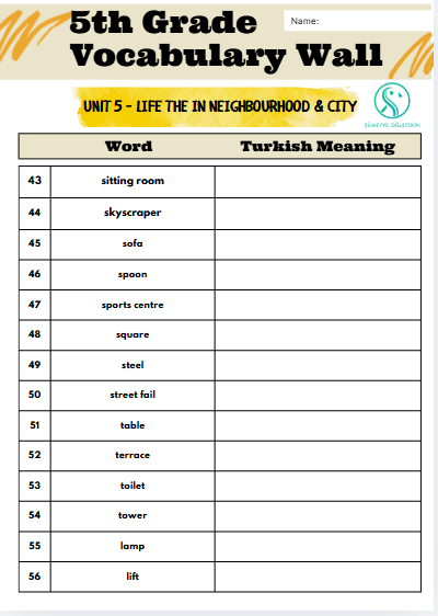 5 th Grade - Unit 5  LIFE THE IN NEIGHBOURHOOD & CITY - VOCABULARY ( English-Turkish )
